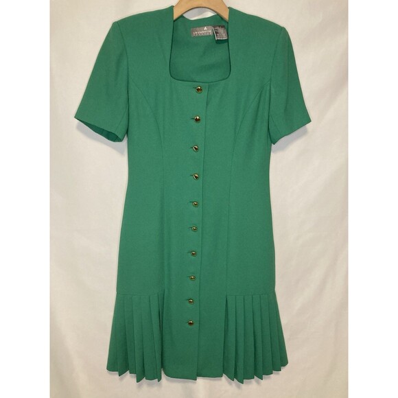 Liz Claiborne Dresses & Skirts - Liz Claiborne Vintage Dress Size 4 Green Gold Button Drop Waist Pleated Career